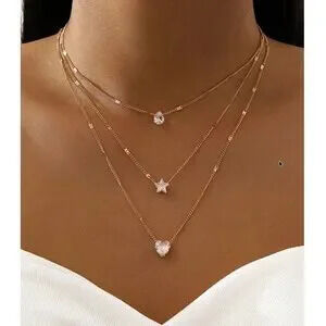 Dainty Gold Tone Star Heart Multilayer Necklace